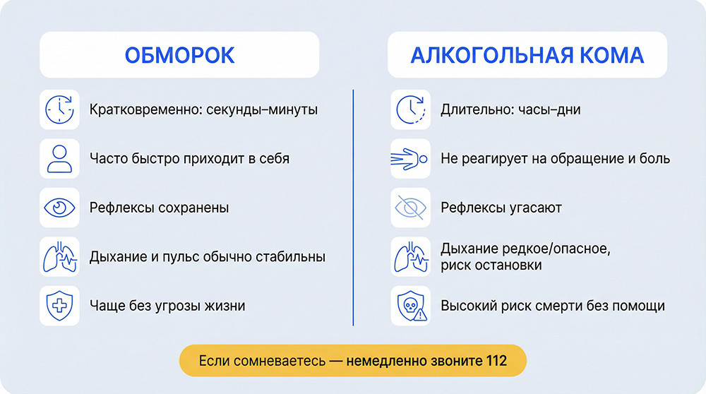 Чем отличается алкогольная кома от обморока